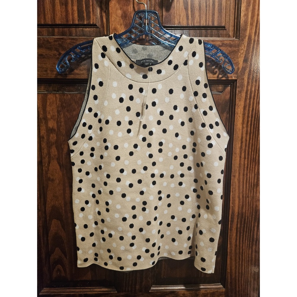 Ann Taylor Womens Medium Beige Polka Dot Sleeveless Sweater Vest Pullover NWT